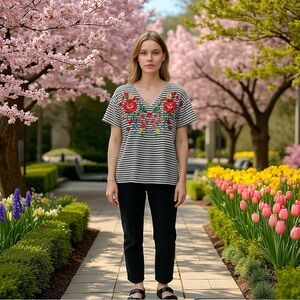 Savanna Jane Black and White Striped Short-Sleeve Tee Top with Floral Embroidery